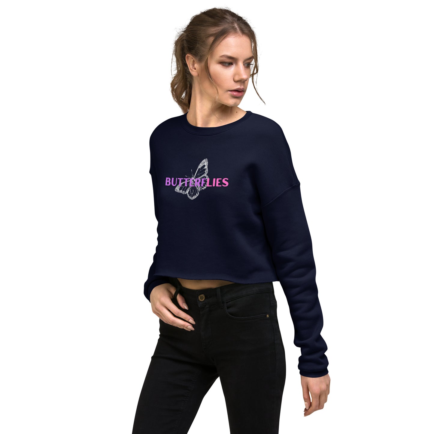 Whispers Of Wings Butterflies Women's Crop Sweatshirt - Navy - FLAKOUT